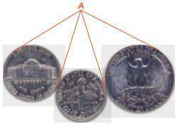 20 POINTS1 A nickel, a dime, and a quarter are touching as shown. Tangents are drawn from point A to