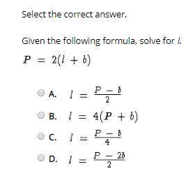 Given the following formula, solve for l. (look at picture for question)