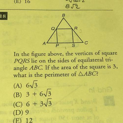 In the figure above, the vertices of square PQRS lie on the sides of equilateral triangle ABC. If th