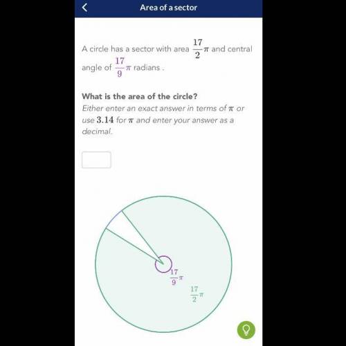 A circle has a sector with area 17/2 pi and central angle of 17/9 pi radians. What is the area of th