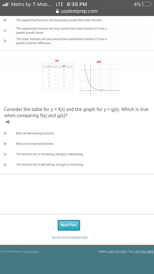 Consider the table for y = f(x) and the graph for y = g(x). Which is true when comparing f(x) and g(