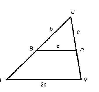 Segment BC is a midsegment of triangle TUV. What is the length of segment VC? A. a B. 2b C. b D. c