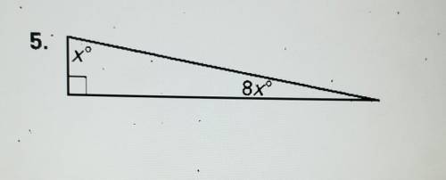 Find the value of x. The angle measures of a right triangle are x°8x°