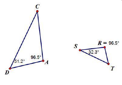 Which best explains the relationship between the two triangles below?