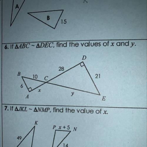 If ABC ~ DEC, find the values of x and y. help me pleaseee!!!