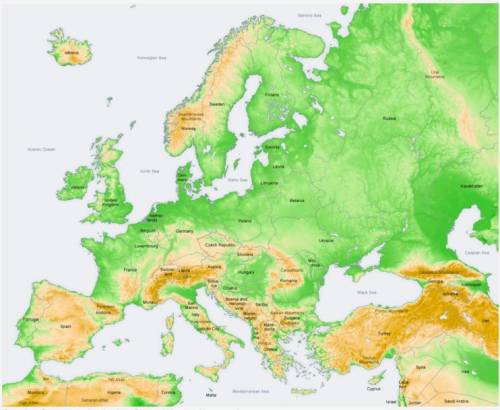 Use the physical map of Europe below to answer the following question: A physical map of Europe show