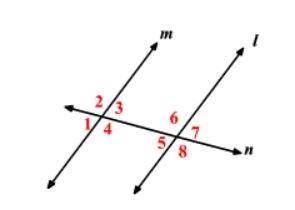 In the image shown, line n is a transversal cutting parallel lines l and m. ∠1 = x + 40 ∠5 = 2x + 10