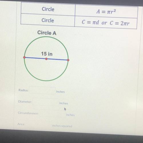NEED ALL THE ANSWERS FOR THE RADIUS , diameter , circumference , and area of this circle PLEASE ASAP