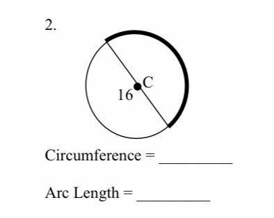 Find the circumference and length of the darkened part of the arc. Leave answer in terms of pi