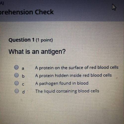 What is an antigen? a σ OOOO ο A protein on the surface of red blood cells A protein hidden inside r