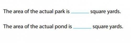 John has a map that shows a rectangular park with a circular pond. The scale on the map is 1_1/4 cm