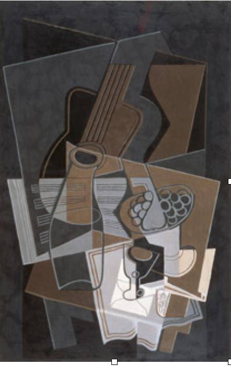 Look at the painting Guitar and Bottle by Juan Gris, created in 1921. Describe its artistic style an