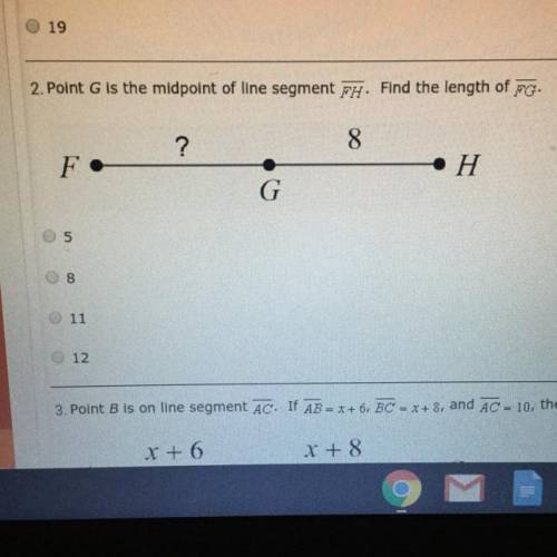 2. Point G is the midpoint of line segment FH. Find the length of FG.