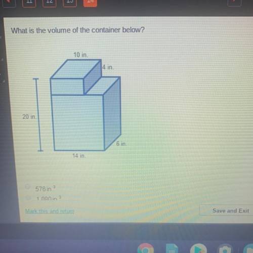 What is the volume of the container below?  A. 576in^3 B. 1,080in^3 C. 1,584in^3 D. 1,920in^3