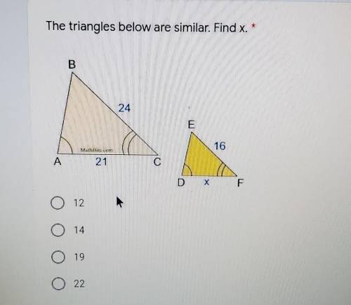 The triangles below are similar. Find x. *helppp