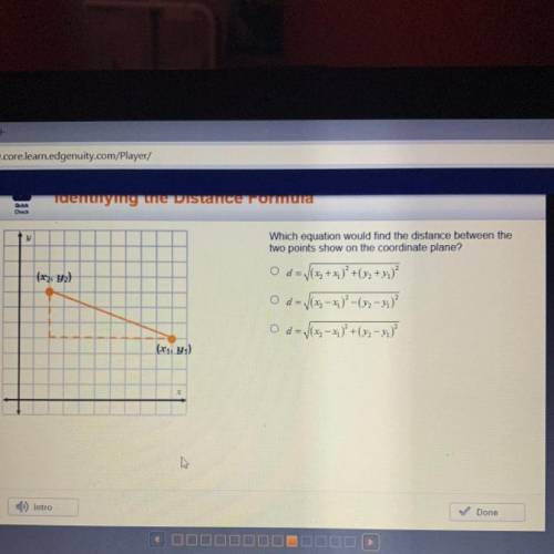 Which equation would find the distance between the two points shown on the coordinate plane?