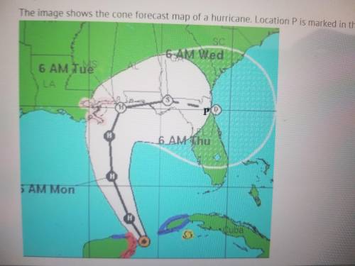 The image shows the cone forecast map if a hurricane. Location P is marked in the upper right part o
