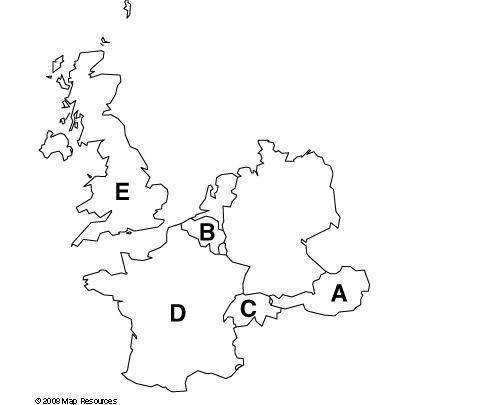 Match the country to the letter that represents it on the map. 1. France  C  2. Austria  E  3. Belgi