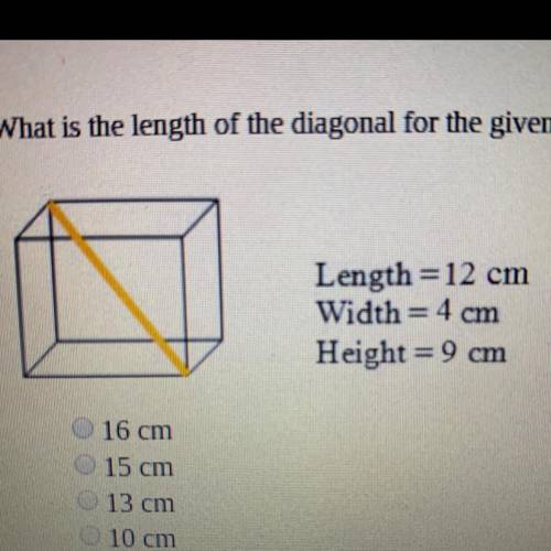 1.) what is the length of the diagonal for the given rectangular prism to the nearest whole unit? a.