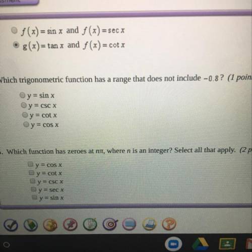 Which trigonometric function has a range that does not include -.8 Urgent