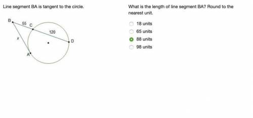 Line segment BA is tangent to the circle. A circle is shown. Secant D B and tangent B A intersect at