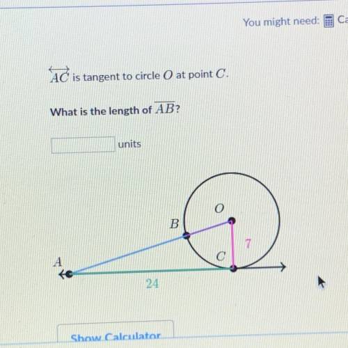 AC is tangent to circle o at point C. What is the length of AB? units Please help. Giving out 30pts