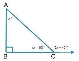 Triangle ABC is a right triangle. Triangle A B C. Angle A is x degrees, B is 90 degrees, C is (x min