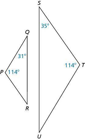 Determine whether the triangles are similar. If they are, choose the correct similarity statement.