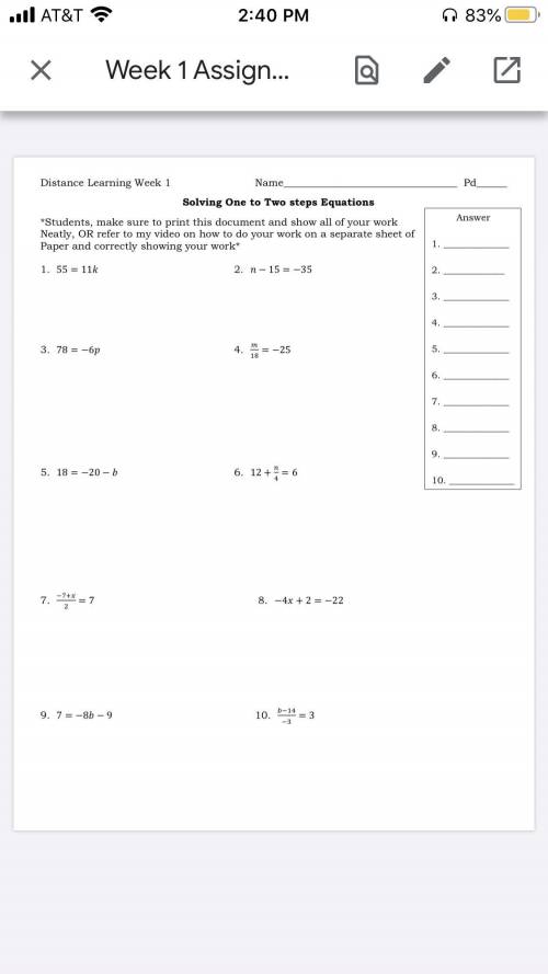 Solving one to two step equations . algebra 1 .