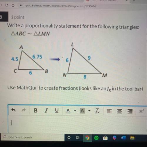 Write a proportionality statement for the following triangles: