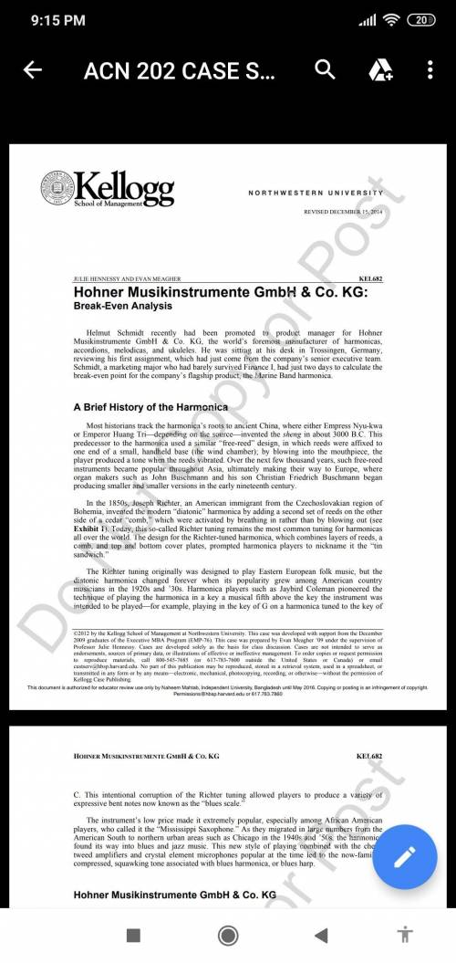 Hohner Musikinstrumente GmbH & Co. KG:Break-Even Analysis.. Case Study Please help... :(