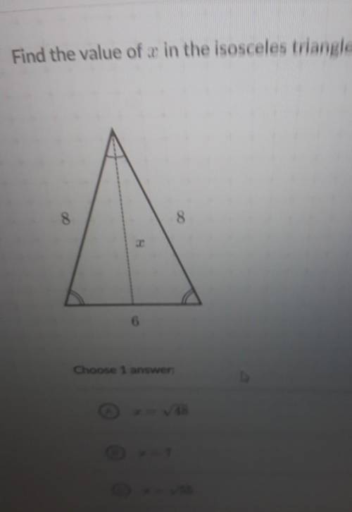 Find the value of x in the isosceles triangle shown.