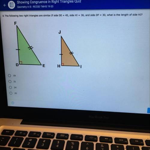 4. The following two right triangles are similar. If side DE = 45, side HI - 36, and side DF = 30, w