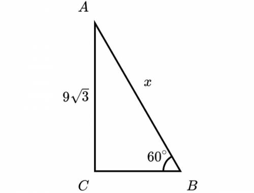 In the triangle shown, B=60 and AC=9√3 how long is AB answer exactly, use a radical if needed NEED H