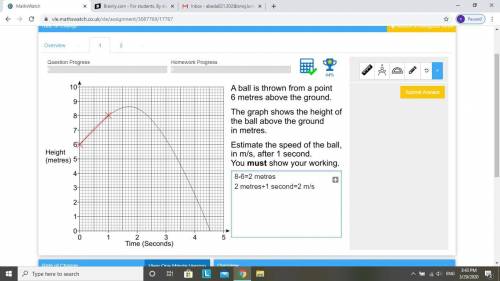 A ball is thrown from a point 6 metres above the ground. The graph shows the height of the ball abov