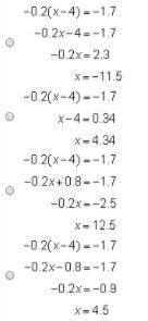 Which method correctly solves the equation using the distributive property? -0.2(X-4)= -1.7