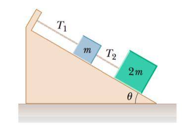 Dos bloques de masas m y 2m están sostenidos en equilibrio sobre un plano inclinado sin fricción com