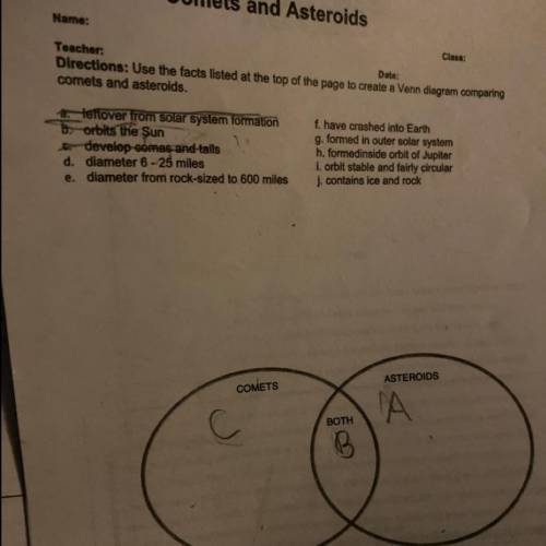 Tell me which alphabetical letter goes into which asteroid comets or both on this worksheet please