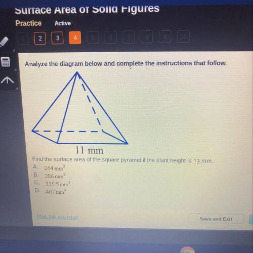 Find the surface area of the square pyramid of the slant height is 13mm