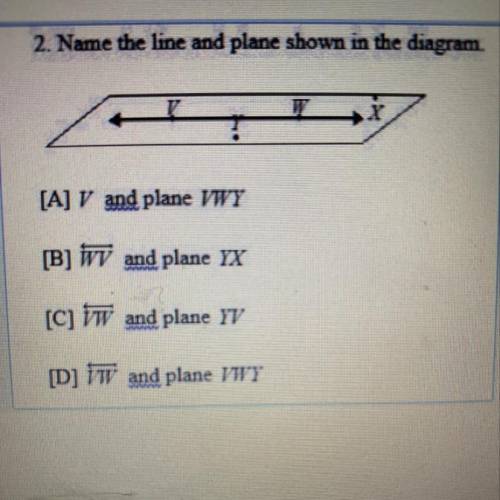 2. Name the line and plane shown in the diagram. [A] V and plane WWY [B] TTV and plane YX [C] VW and