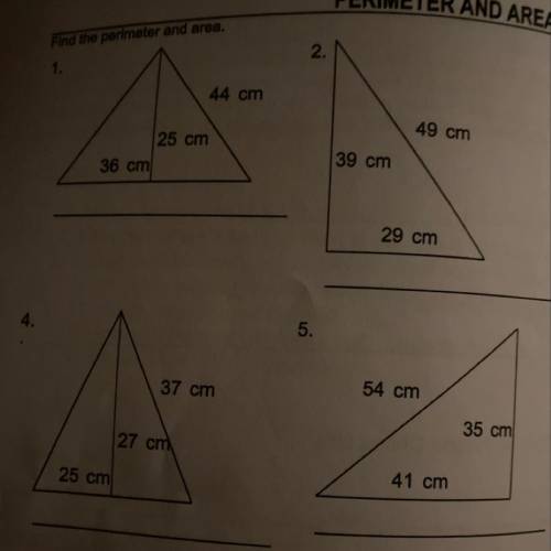 What is the perimeter and area for questions 1,2,4&5  10 POINTS!! HURRY