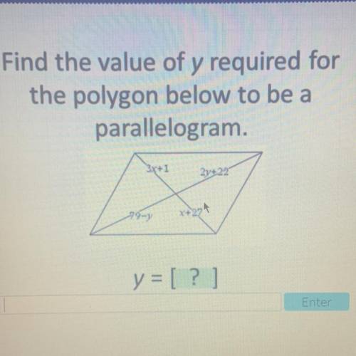 Find the value of y required for the polygon below to be a parallelogram. Plz help