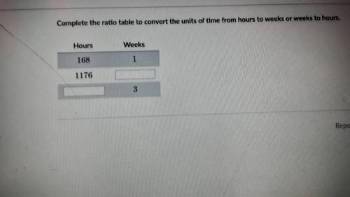 Complete the ratio table to convert the units of time from hours to weeks to hours.