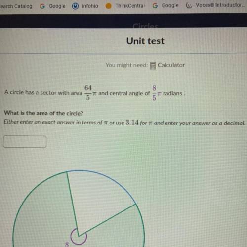 A circle has a sector with area 64/5 pi and a central angle of 8/5 pi radians. What is the area of t