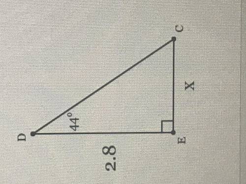 In triangle CDE, the measure of angle E=90 degrees, the measure of angle D=44 degrees, and DE=2.8 fe