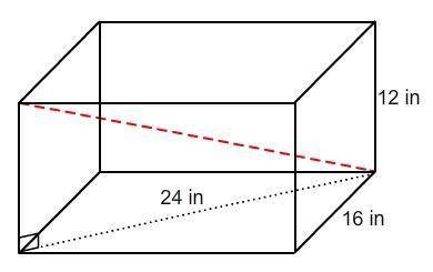 A shipping box has dimensions as shown in the diagram. The red, dashed line represents the longest l