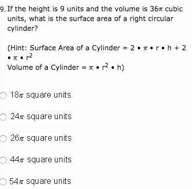 If the height is 9 units and the volume is 36 cubic units, what is the surface area of a right circu