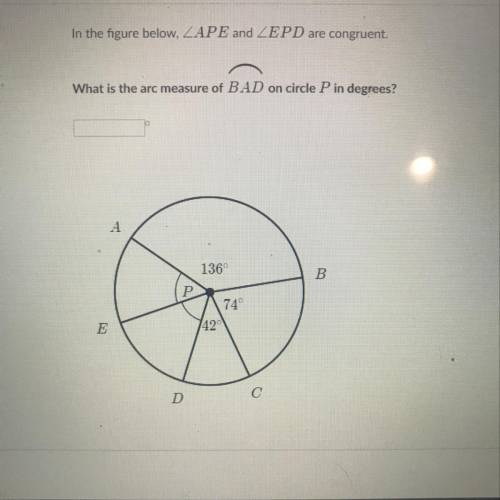 What is the arc measure of BAD on circle P in degrees?