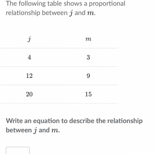 The following table shows a proportional relationship between  j jj and  m mm. Write an equation to