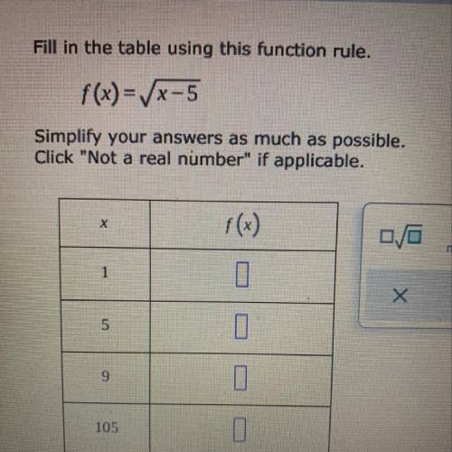 Fill in the table using this function rule. f(x) = sqrt x-5